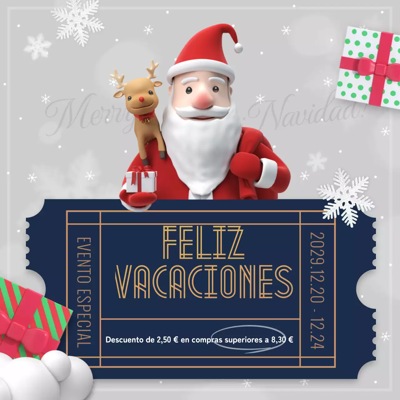 Promueva un evento de cupones de descuento navideños en rojo y azul marino