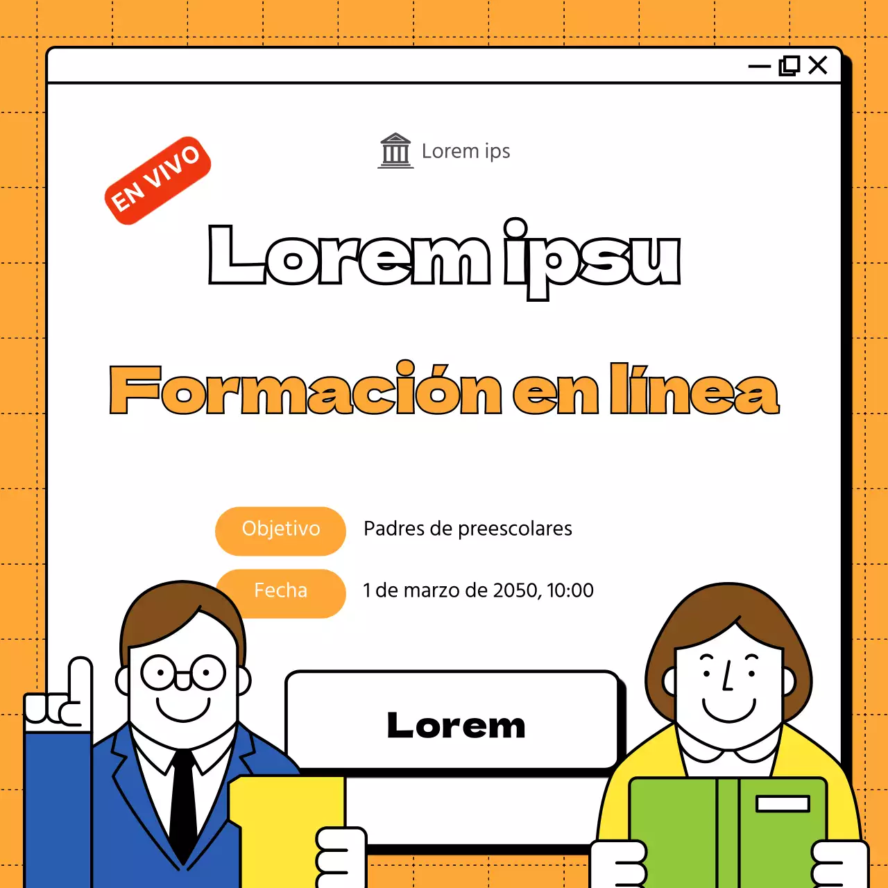 Educación en línea para futuros padres de alumnos de enseñanza media con fondo naranja de ventana de Internet
