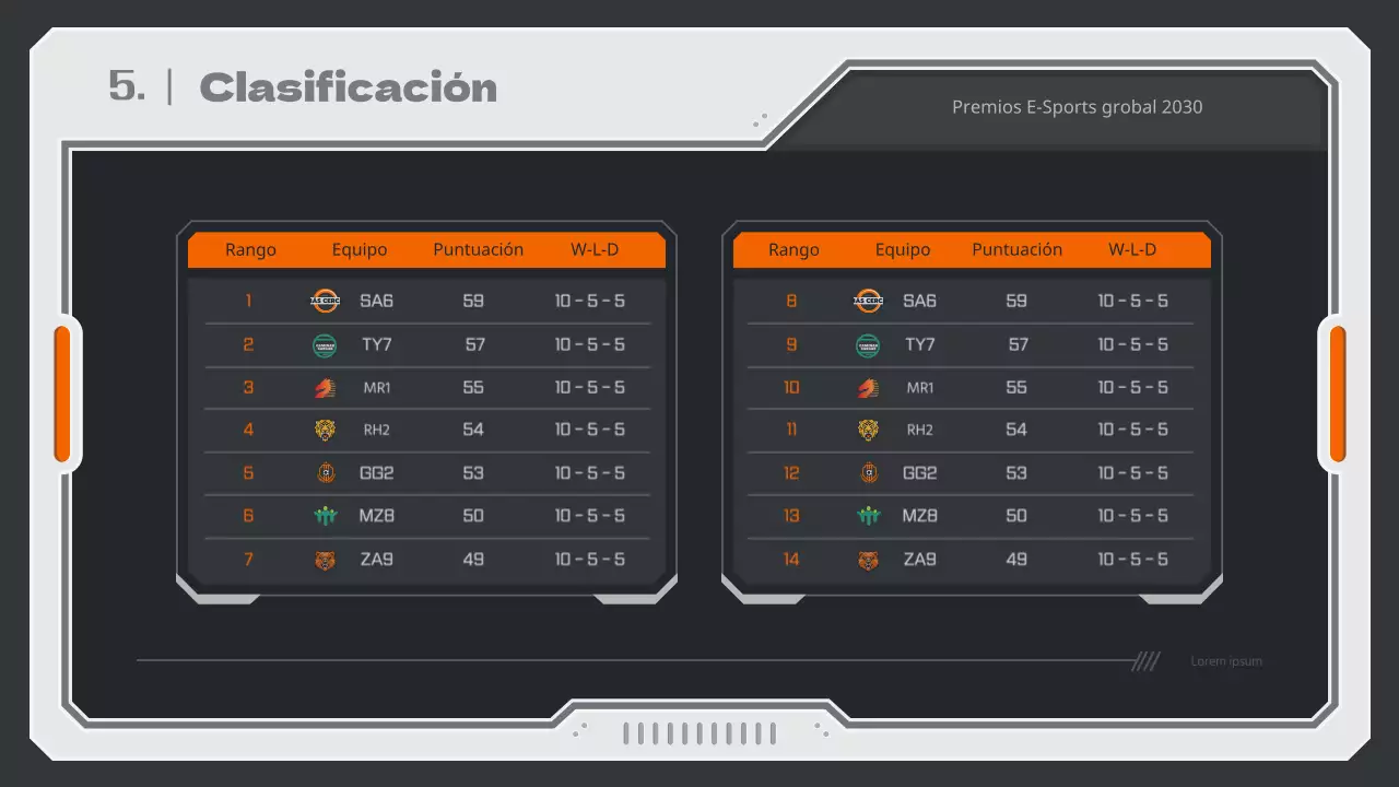 Informe de estrategia de juego con un concepto mecánico en colores neutros y naranja.