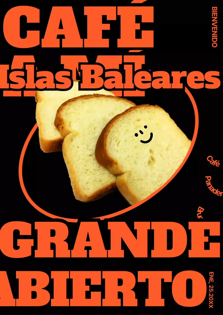 Apertura de una panadería-cafetería de moda en negro y naranja neón (cartel web vertical)