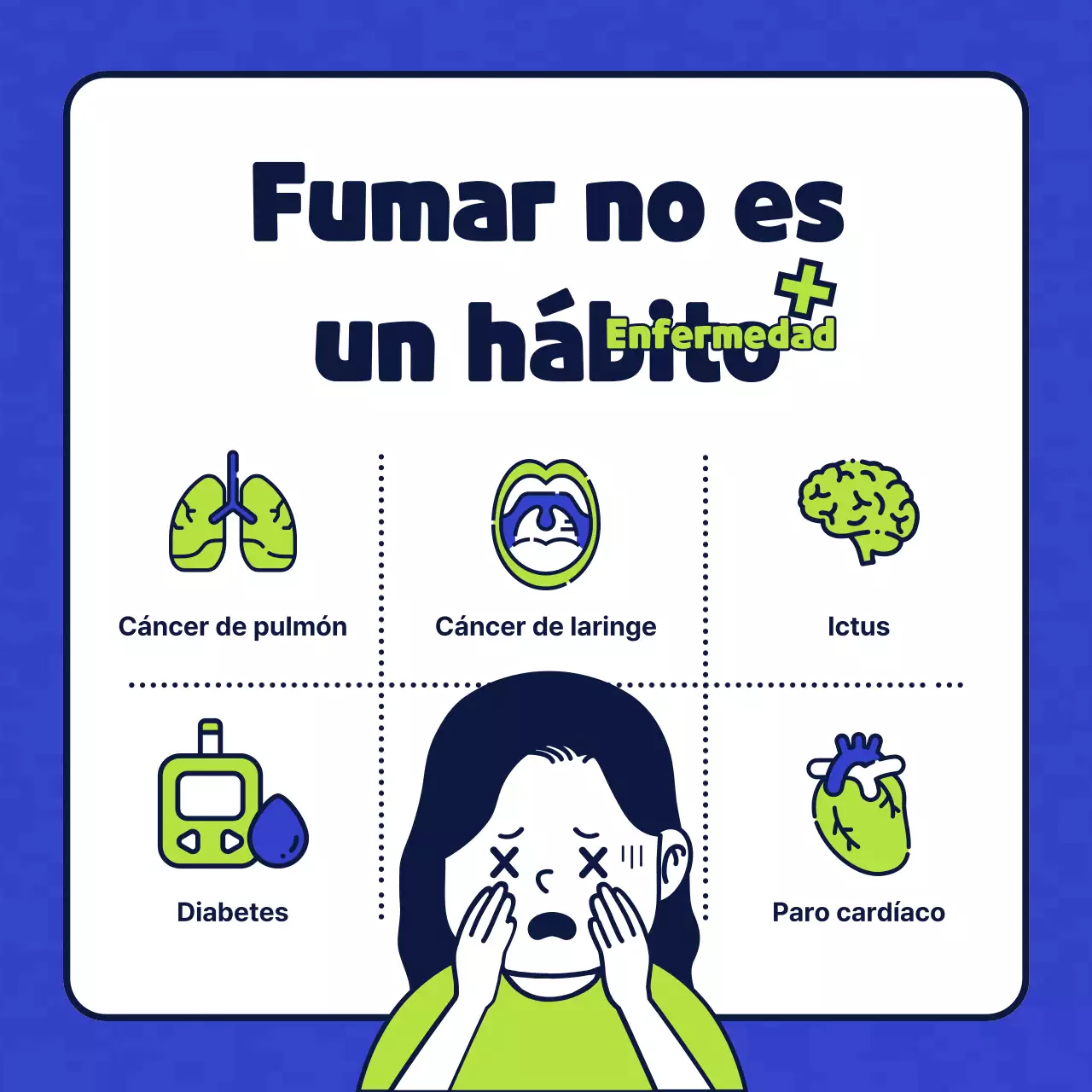 Sencilla ilustración de personajes en azul y chartreuse que presenta una clínica de salud sin tabaco.