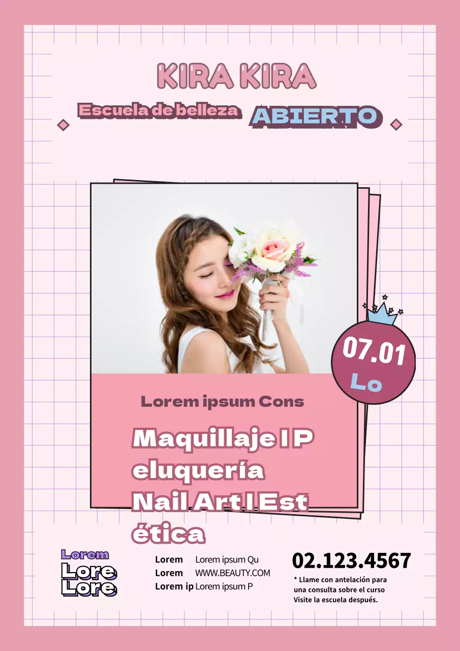 Promociona una escuela de belleza de bonito concepto con la foto de una modelo vestida de rosa.