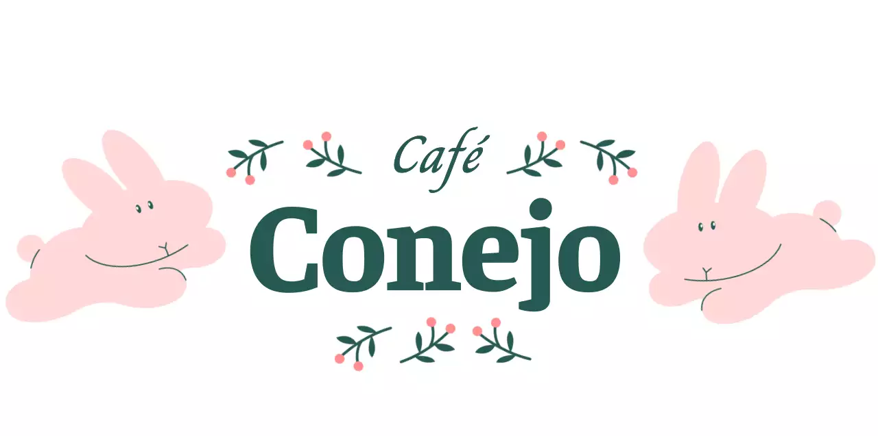 Mercancía de cafetería de inspiración vintage con simpáticas ilustraciones de conejitos y plantas de bayas en rosa y verde.