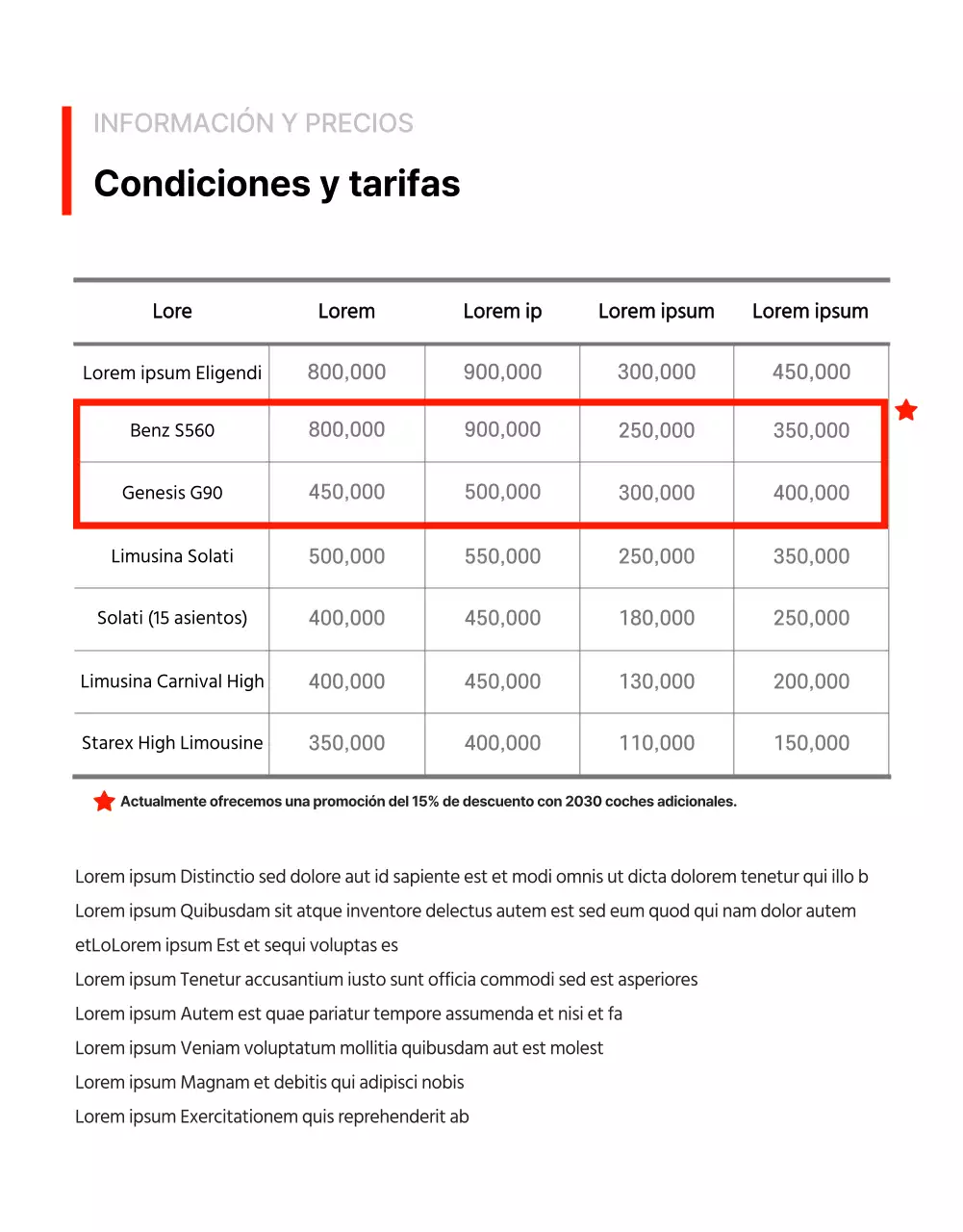 Página de detalles de la promoción de limusinas sencillas en color de puntos rojos