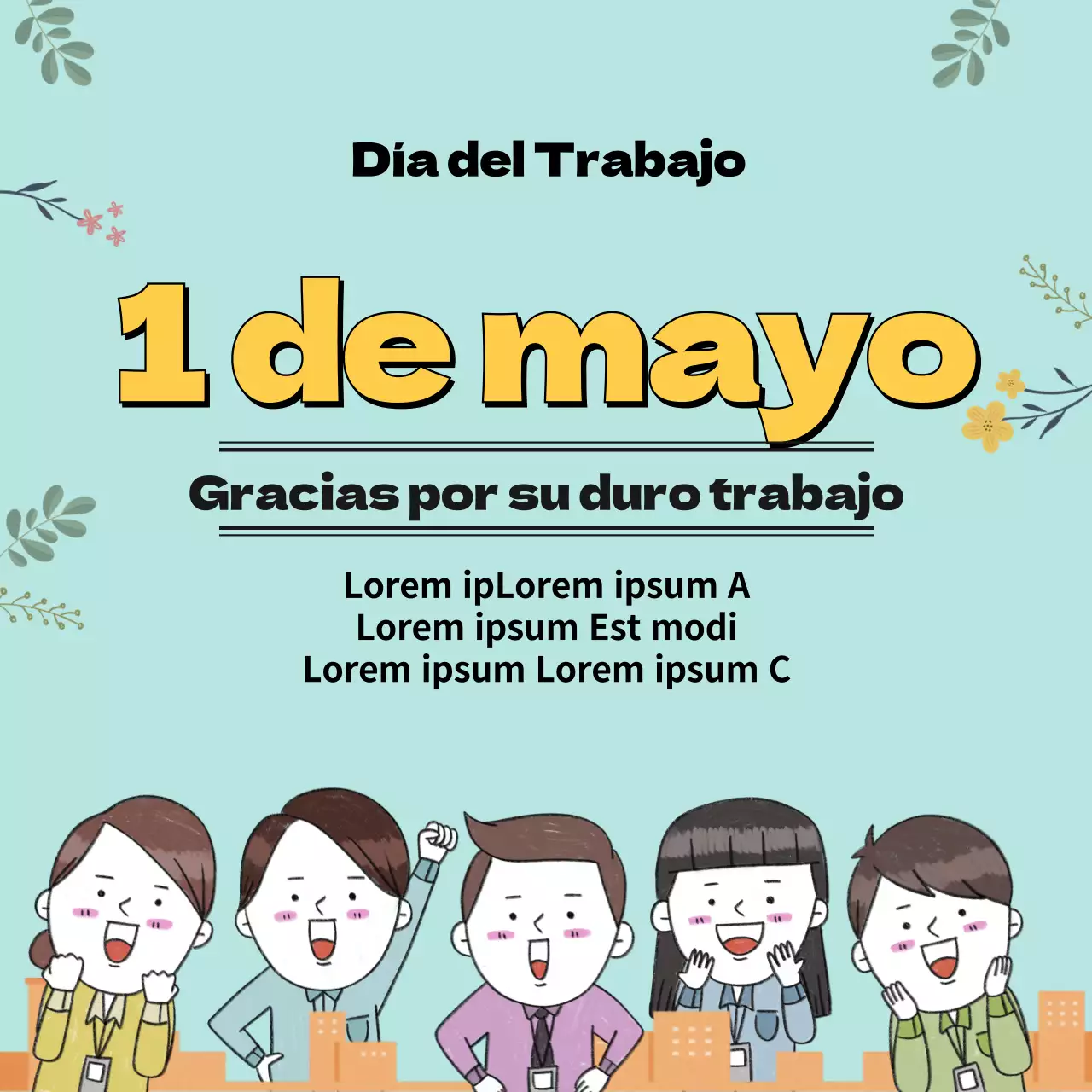 Felicitación en azul claro y amarillo por el Día del Trabajador (recuadros para redes sociales)