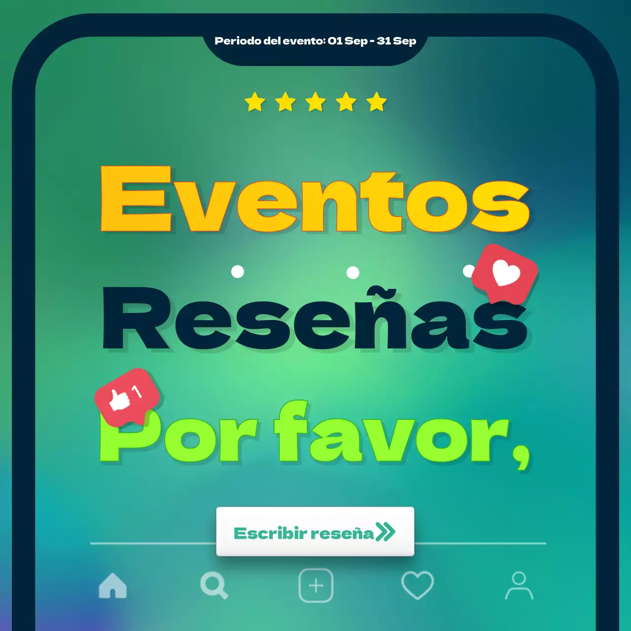 Revisar los cuadros de las redes sociales de promoción de eventos con un nuevo esquema de colores verde y amarillo, centrado en los títulos.