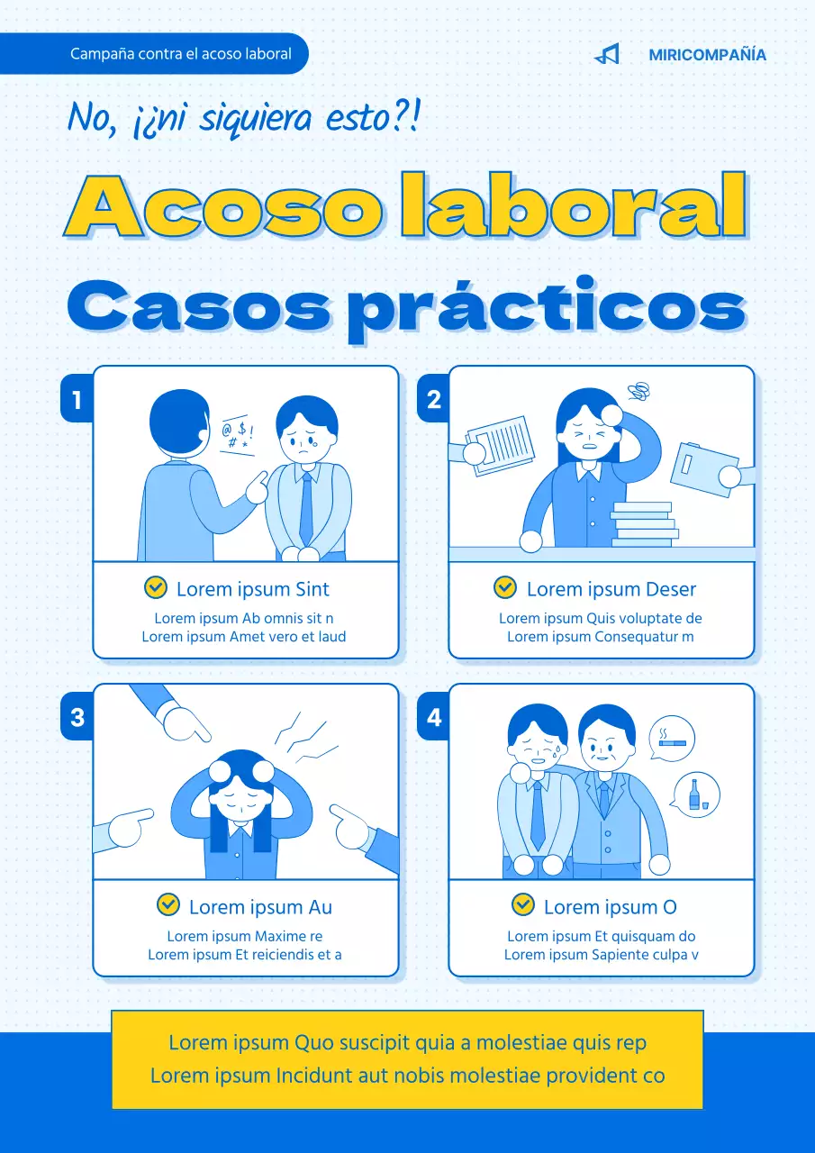 Webposter ilustrado en azul y amarillo sobre el acoso laboral