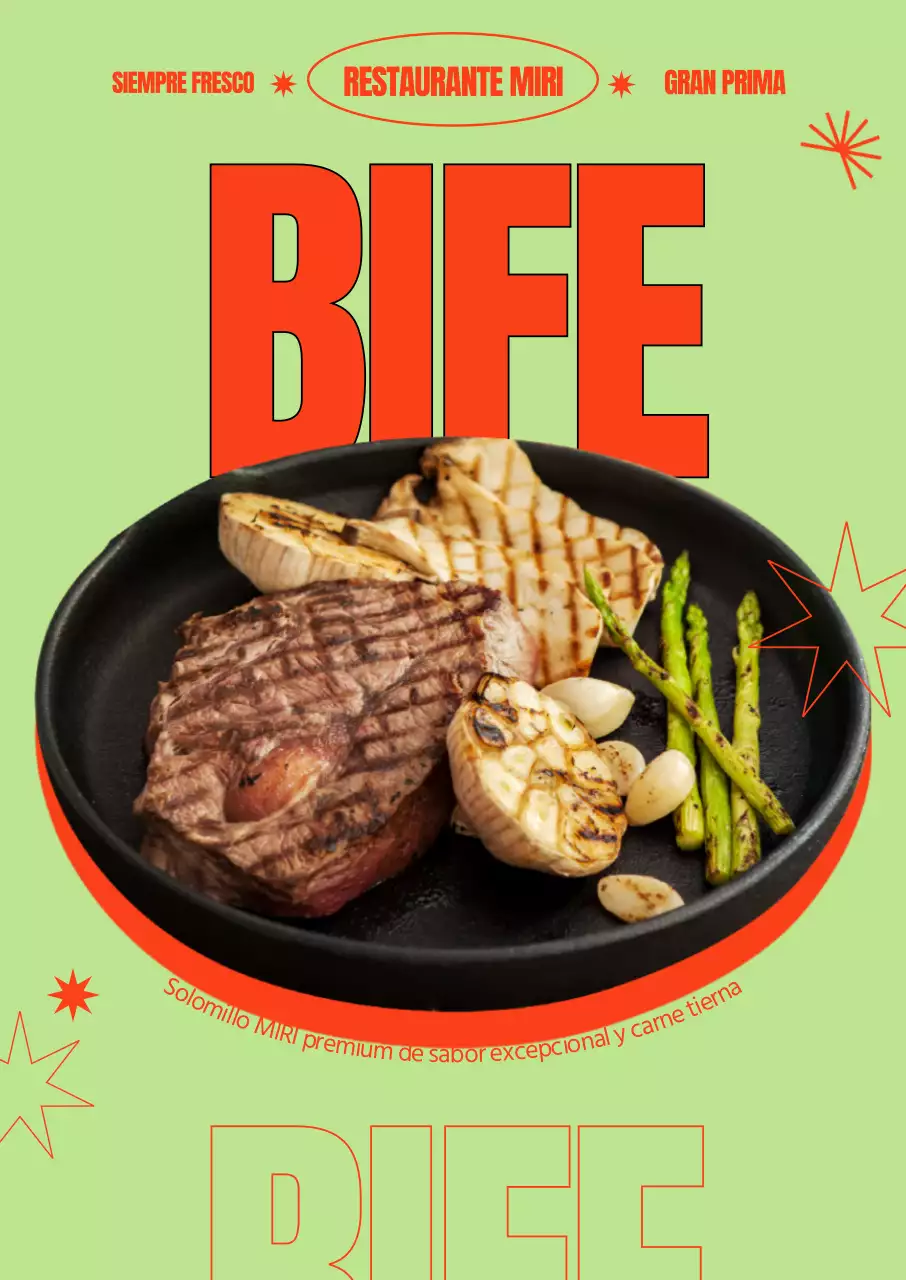 Un menú de filete occidental con un diseño de fuente audaz y contrastes de color y formas complementarios.