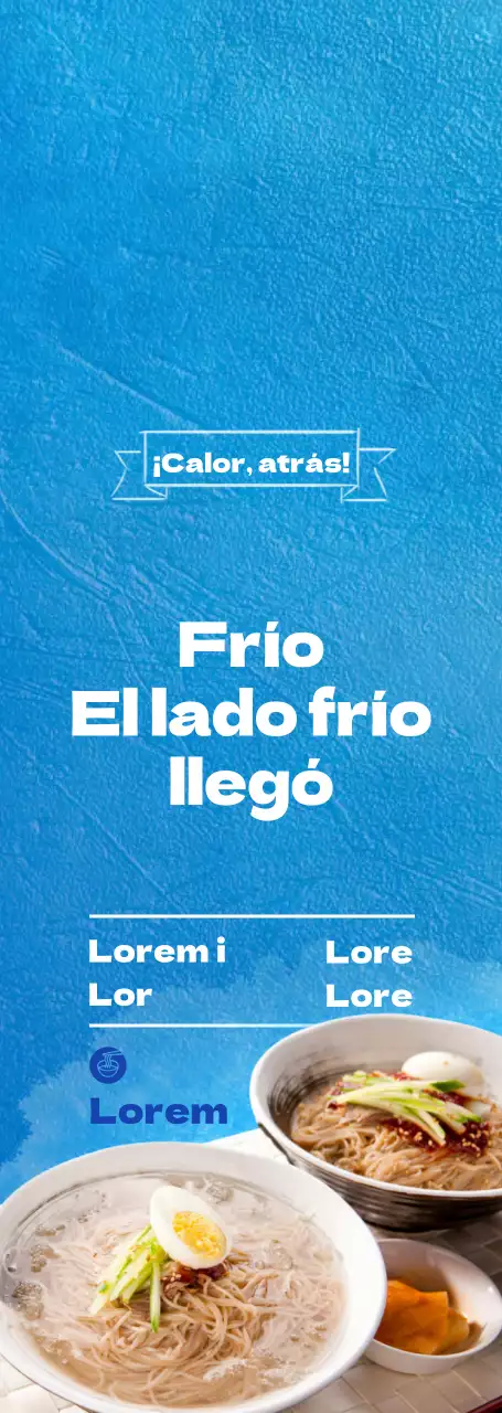 Un estilo sencillo en azul y amarillo para el menú y la promoción de un restaurante de fideos fríos.