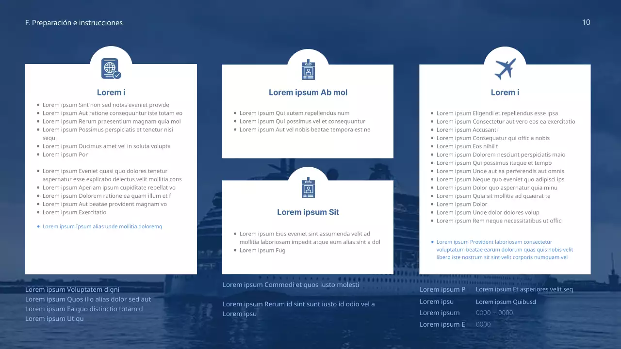 Un producto de crucero sencillo y limpio, con colores azul marino intenso y blanco nítido para facilitar la lectura.