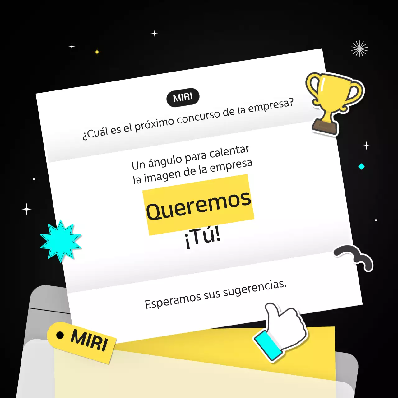 Los ganadores de los eslóganes se anuncian en blanco y negro con puntos azul claro y amarillo CardNews