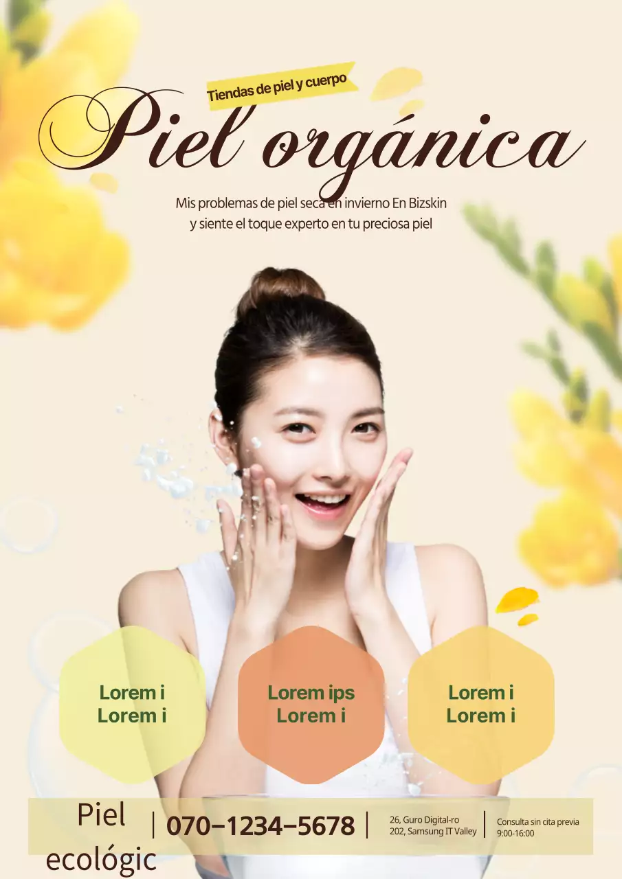 Promociona una tienda primaveral de productos para el cuidado de la piel con una foto de colores vivos de una mujer lavándose la cara.