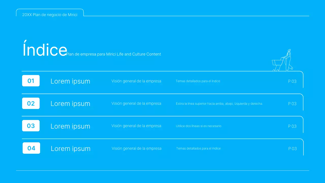 Una presentación limpia en azul y blanco del plan de negocio de contenidos culturales
