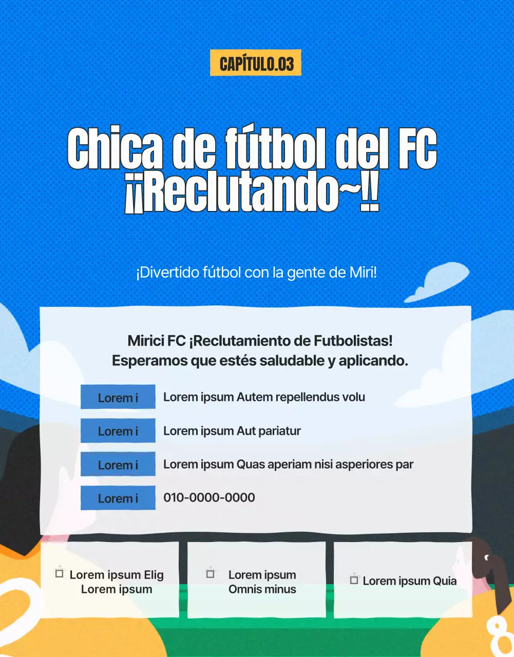 Anuncio de reclutamiento de fútbol femenino en verde y amarillo