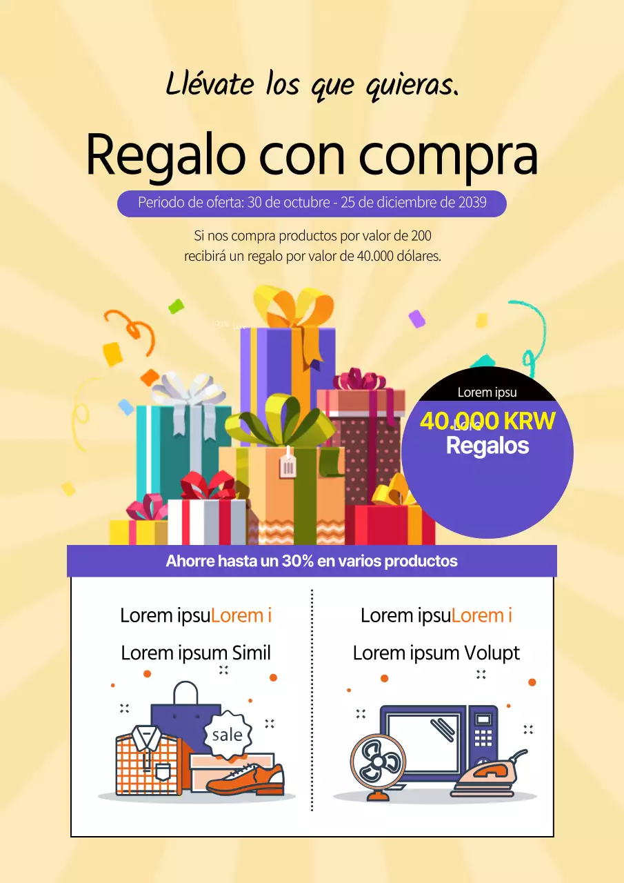 Folleto en amarillo y morado para promocionar unas rebajas en un centro comercial