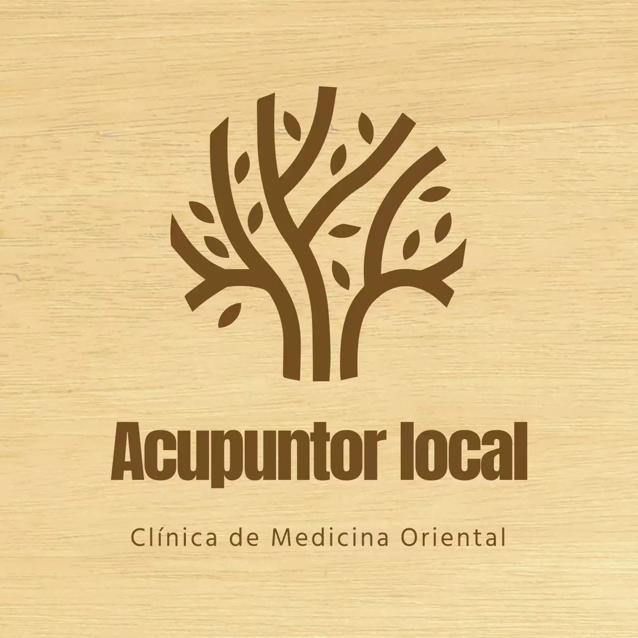 Un rótulo de aspecto elegante para una clínica de medicina oriental, con texto en marrón e ilustración de líneas de madera.