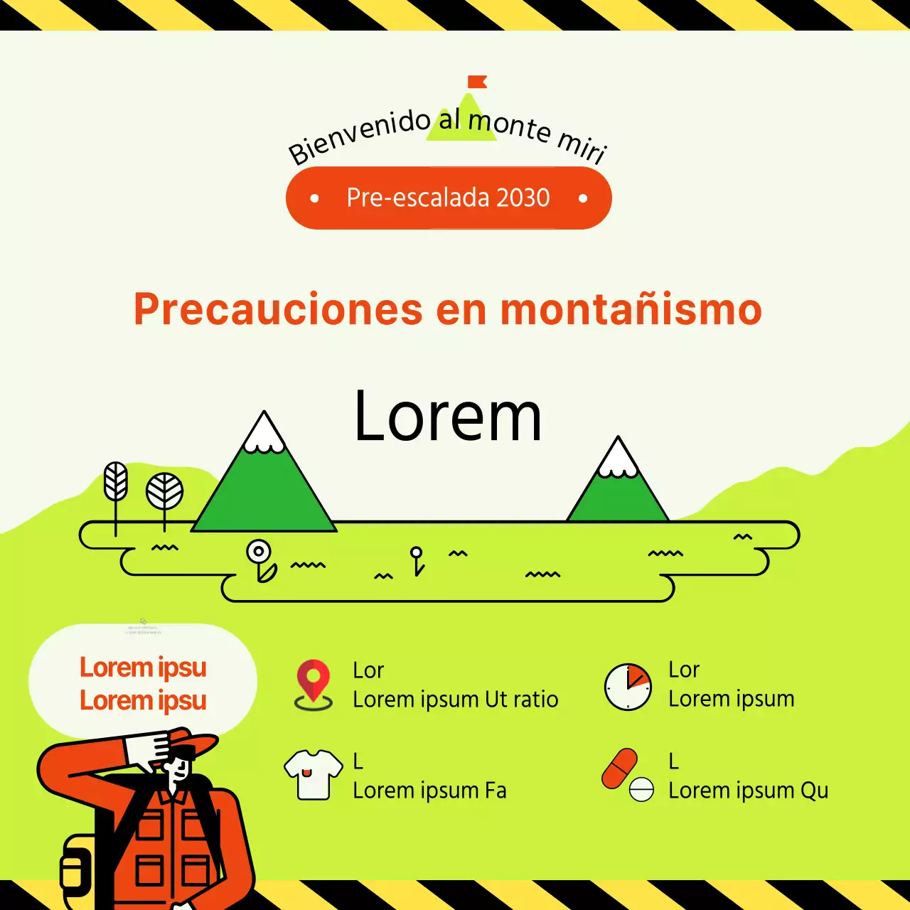 Precauciones de montaña con ilustraciones de montañas rojas y verdes
