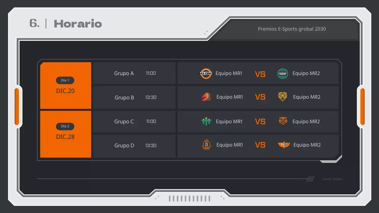 Informe de estrategia de juego con un concepto mecánico en colores neutros y naranja.