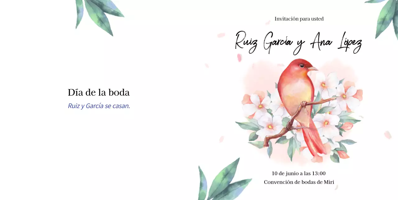 Invitación de boda con flores del amor en tonos rosas y loros