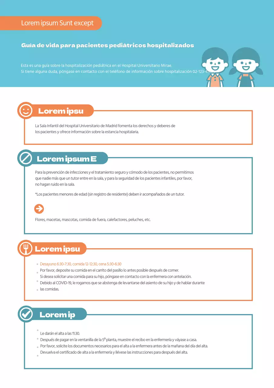 Guía de vida del paciente hospitalizado azul claro y naranja