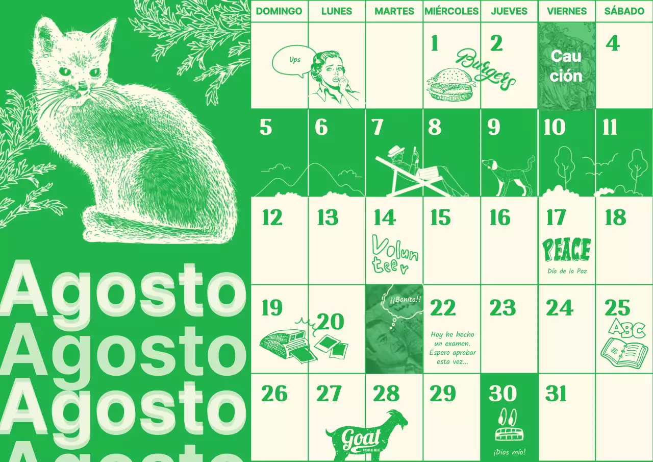 Calendario sentimental vintage ilustrado con fondo verde