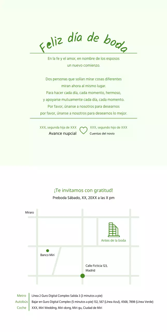 Invitación de boda de novios cogidos de la mano sobre fondo verde claro