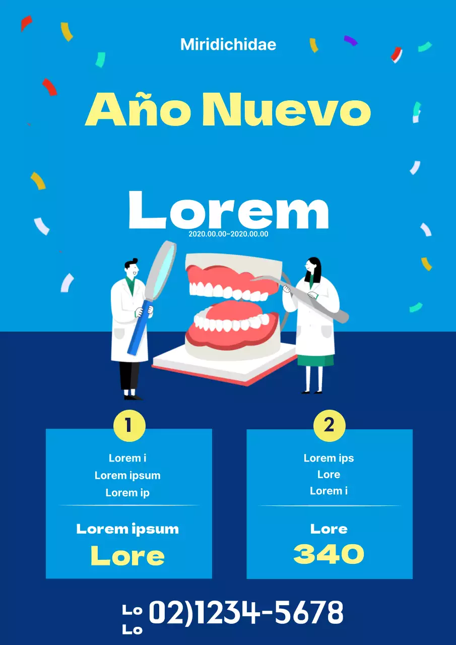 Simpático folleto promocional de un evento dental de Año Nuevo en azul y amarillo