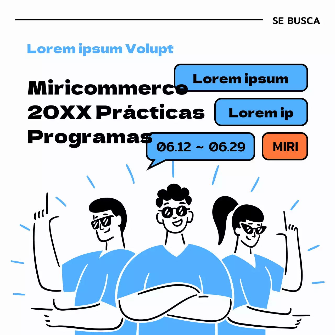 Contratación de becarios con ilustraciones en azul claro y negro