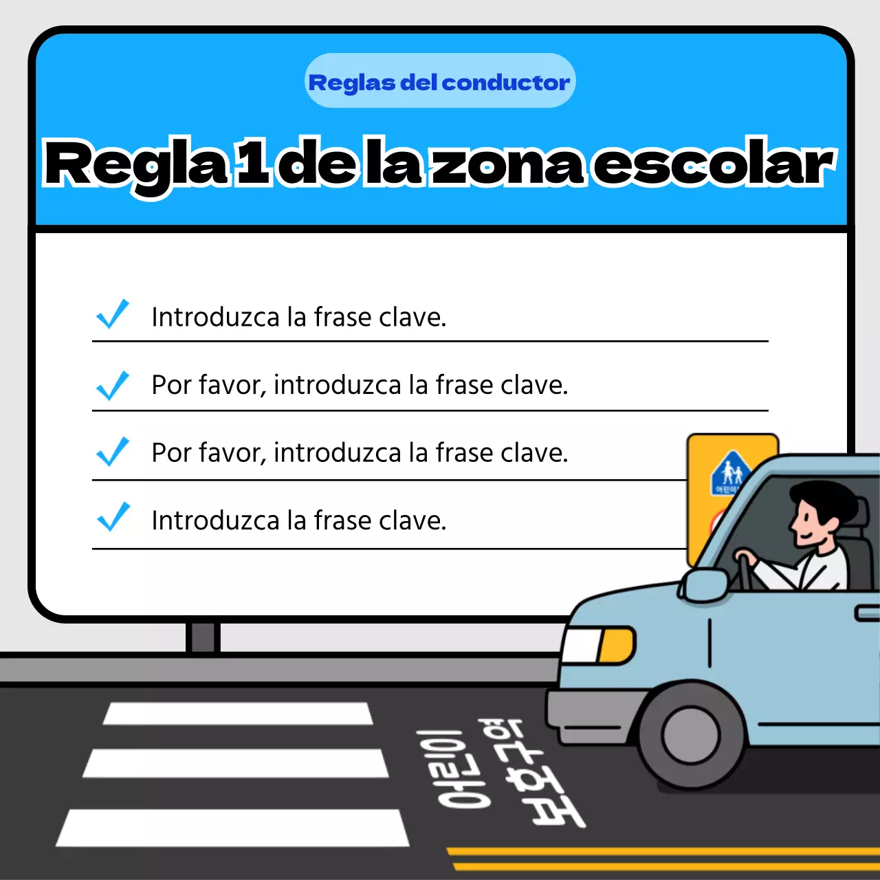Consejos de seguridad vial en zonas escolares con el concepto de señal amarilla y azul