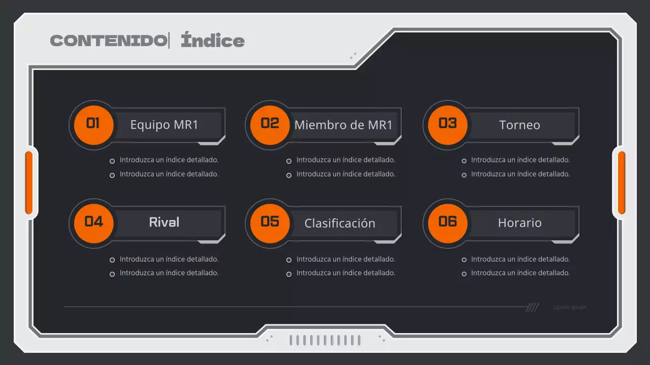 Informe de estrategia de juego con un concepto mecánico en colores neutros y naranja.