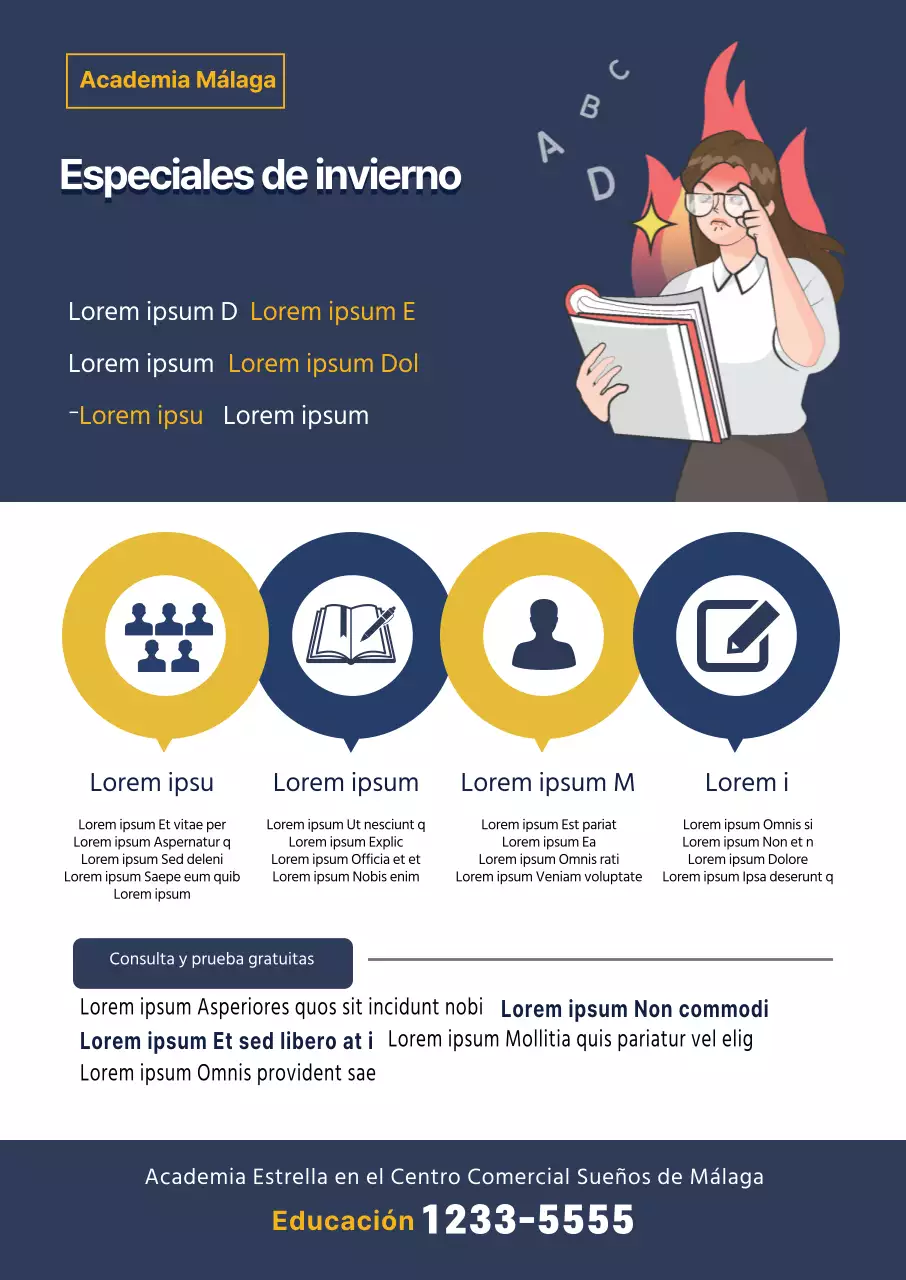 Azul marino amarillo ilustración estudio escuela anuncio