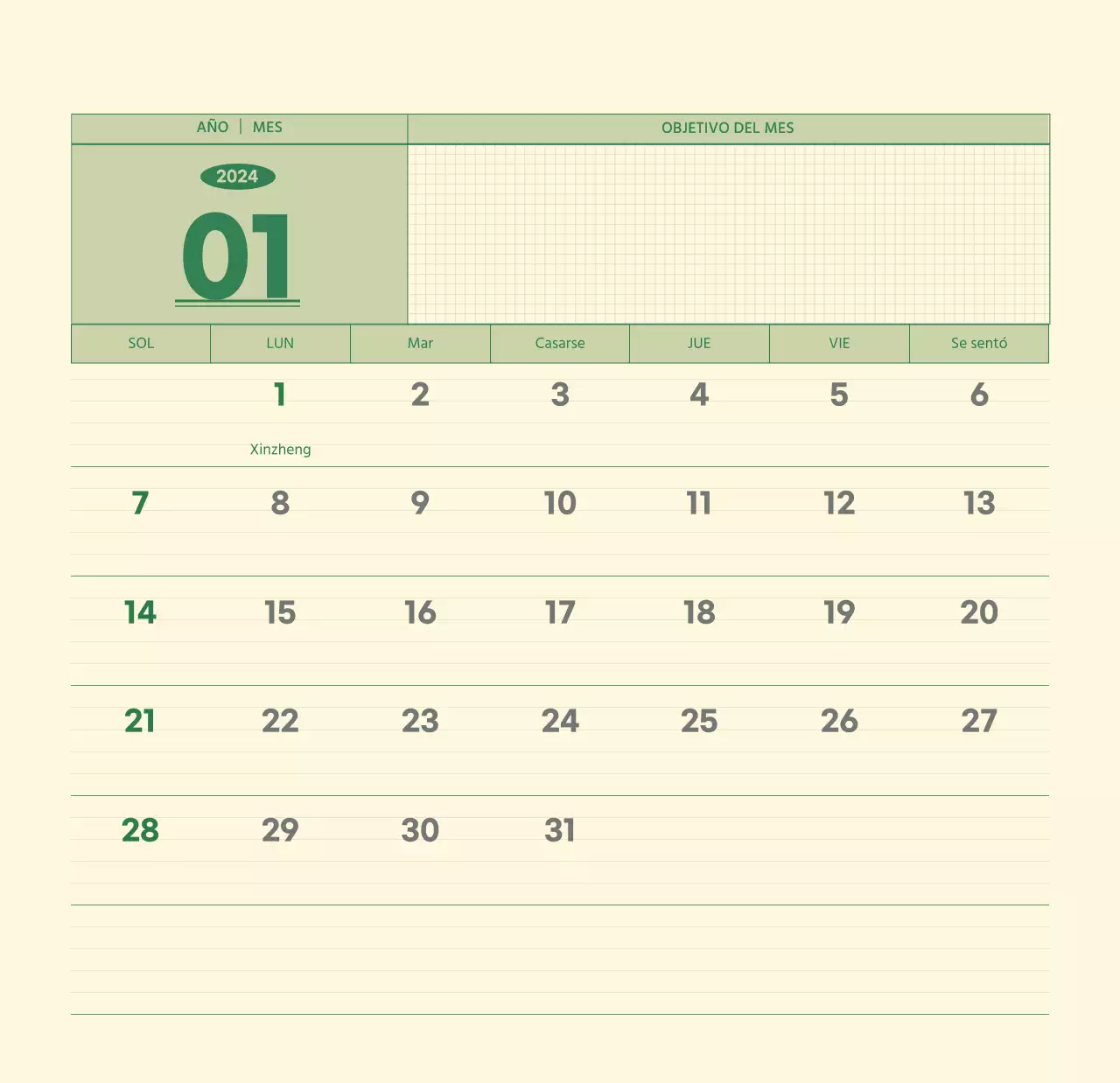 SAT Calendario de pared con concepto de bloc de notas del día D en verde y amarillo claro