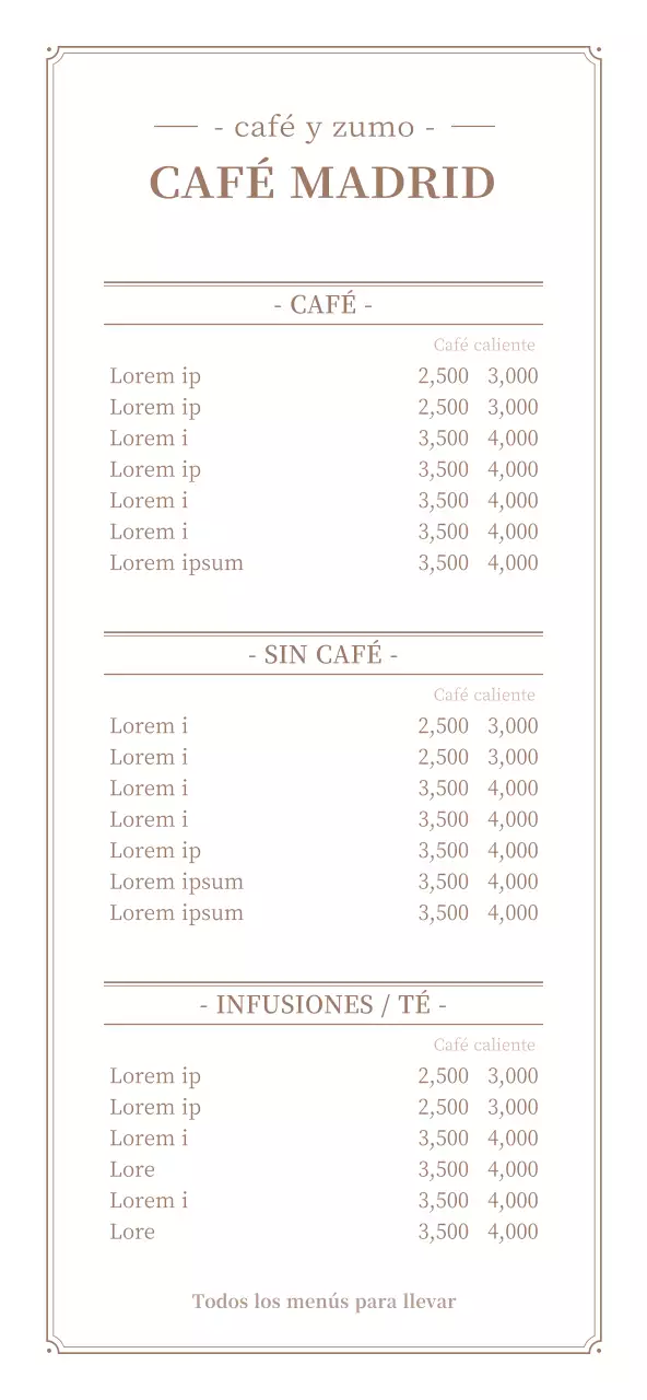 Guía del tablero de menús de cafetería en blanco y marrón, con un elegante marco