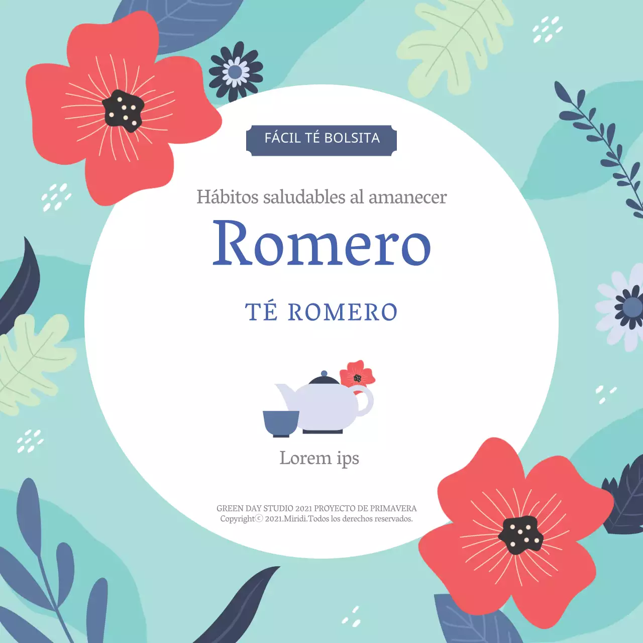 Azul ilustración ordenada alimentos romero etiqueta de té