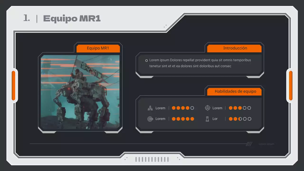 Informe de estrategia de juego con un concepto mecánico en colores neutros y naranja.