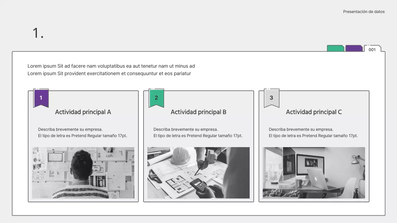 Presentación infográfica y gráficos sencillos en verde y morado