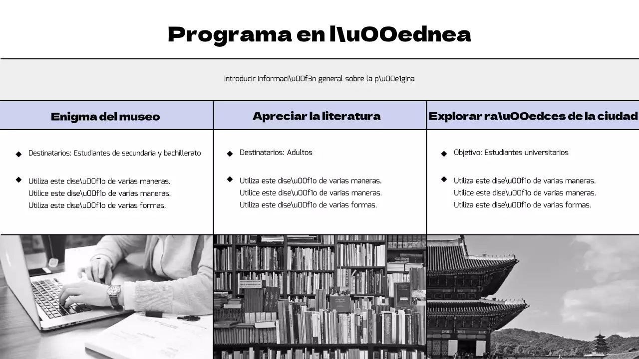 Planificación de un programa museístico moderno en negro y morado