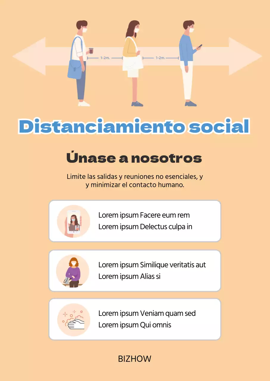 Naranja azul ilustración limpia guía de distanciamiento social