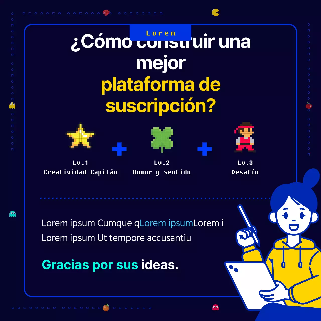 Un novedoso, divertido y retro juego de píxeles Pac-Man en azul marino y amarillo Convocatoria de nuevas ideas de negocio para una empresa corporativa.