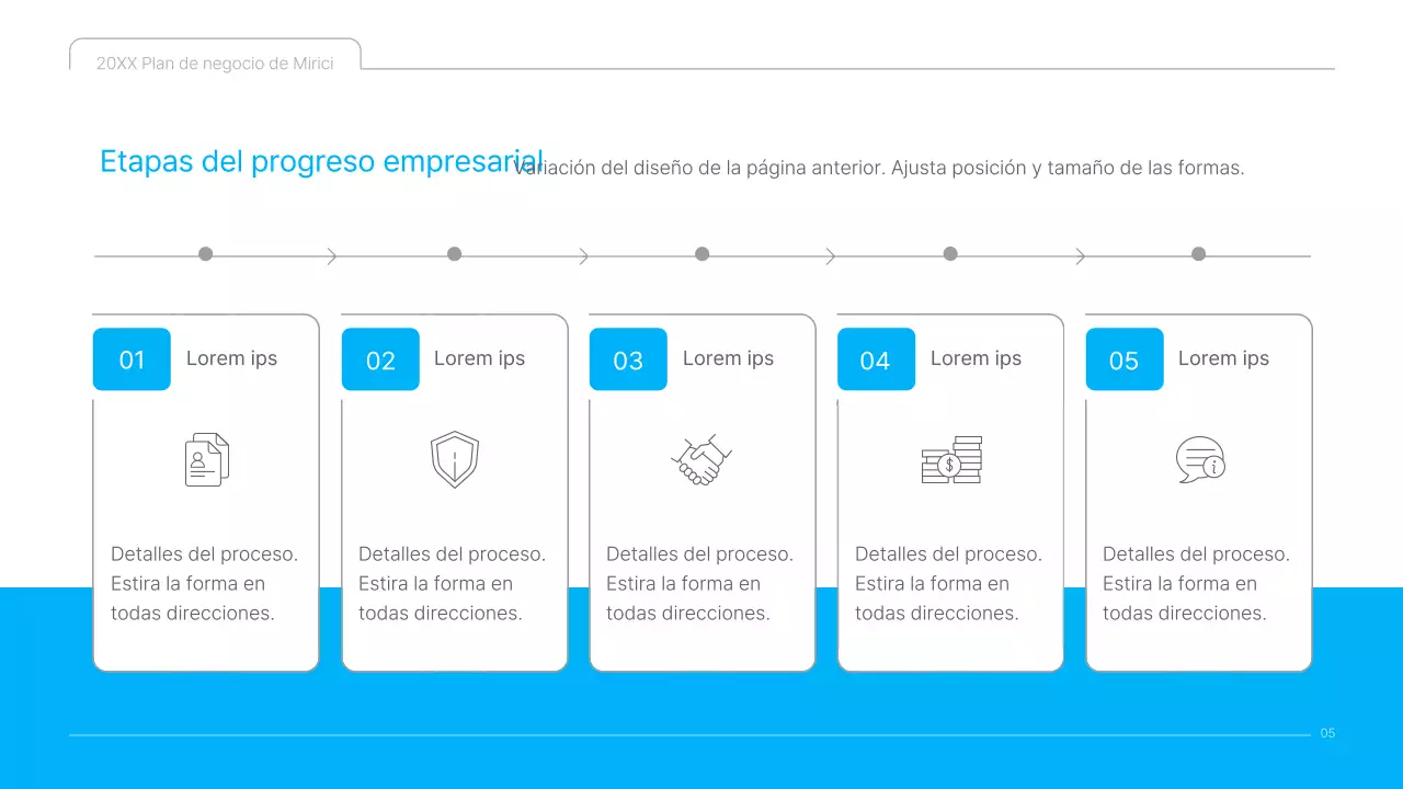 Una presentación limpia en azul y blanco del plan de negocio de contenidos culturales