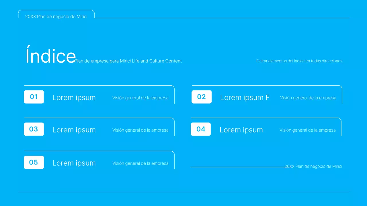 Una presentación limpia en azul y blanco del plan de negocio de contenidos culturales
