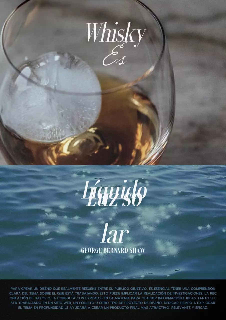 Tipografía limpia y bisecada con una foto de whisky y un océano azul chispeante