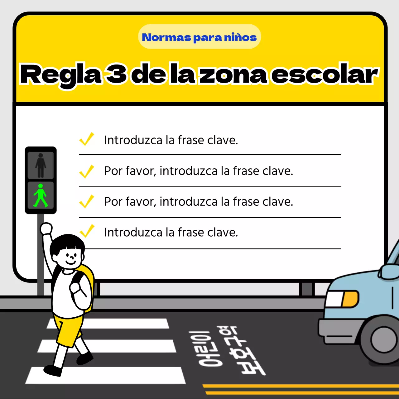 Consejos de seguridad vial en zonas escolares con el concepto de señal amarilla y azul