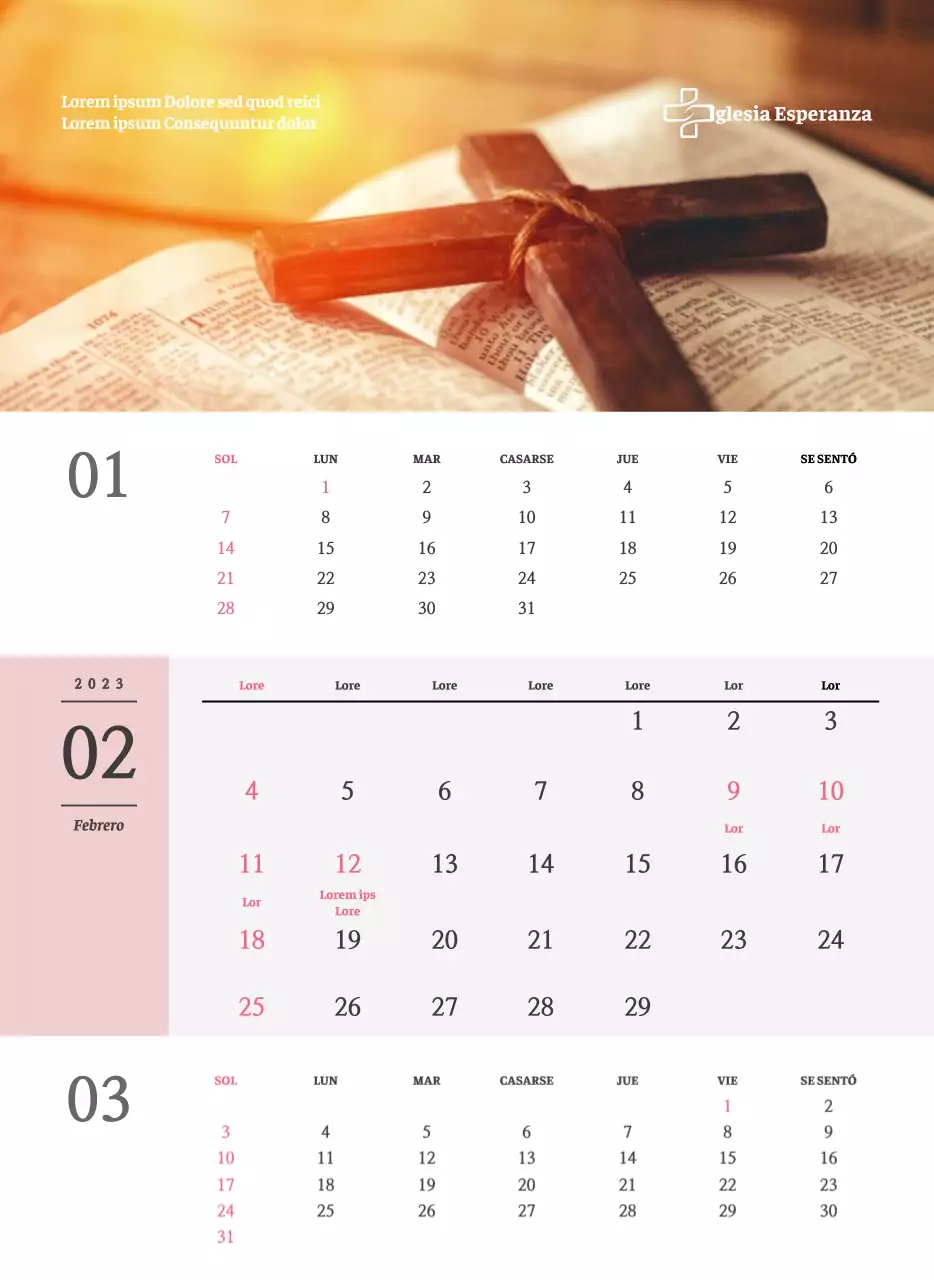 Calendario de pared de iglesia de concepto sencillo en blanco y negro con emotivas fotos religiosas