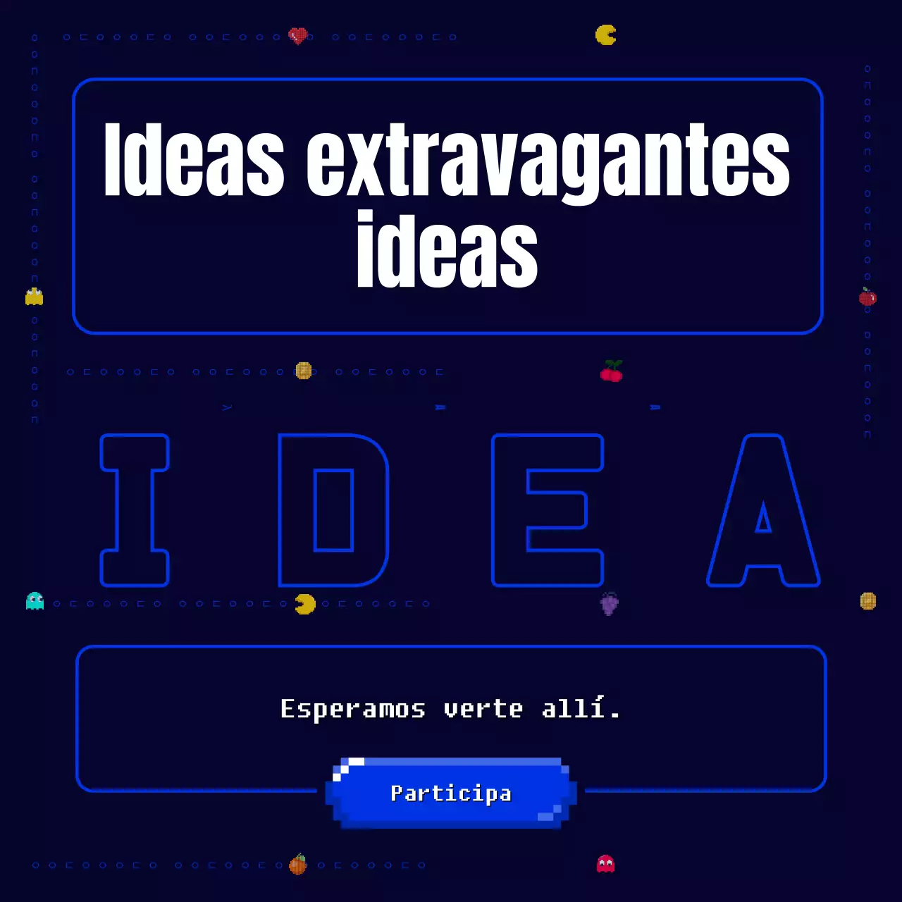 Un novedoso, divertido y retro juego de píxeles Pac-Man en azul marino y amarillo Convocatoria de nuevas ideas de negocio para una empresa corporativa.