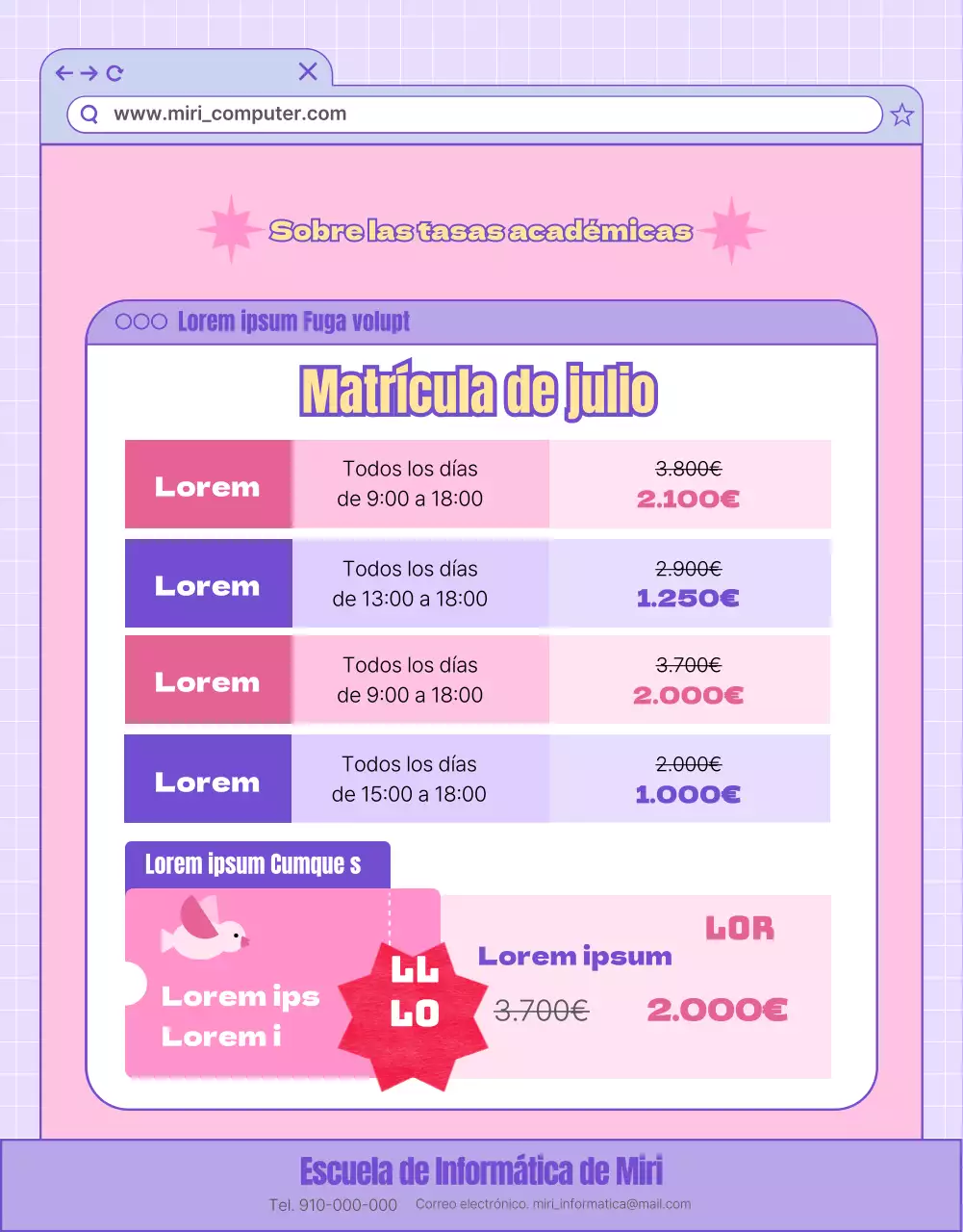 Promover las clases de informática con un concepto de sitio web rosa y morado