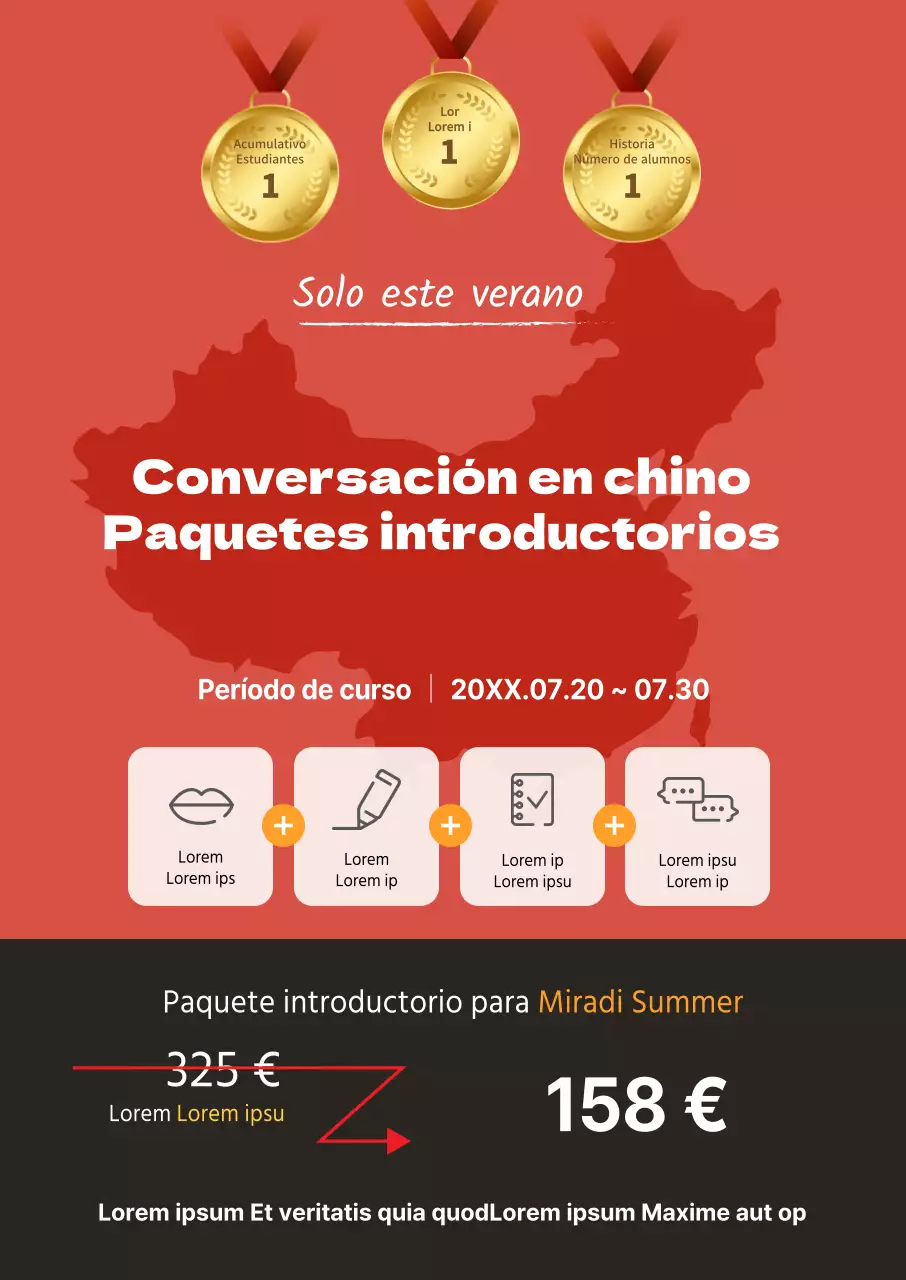 Cartel retrato para una escuela que promociona un paquete de iniciación a la conversación en chino con una ilustración de un mapa en rojo.