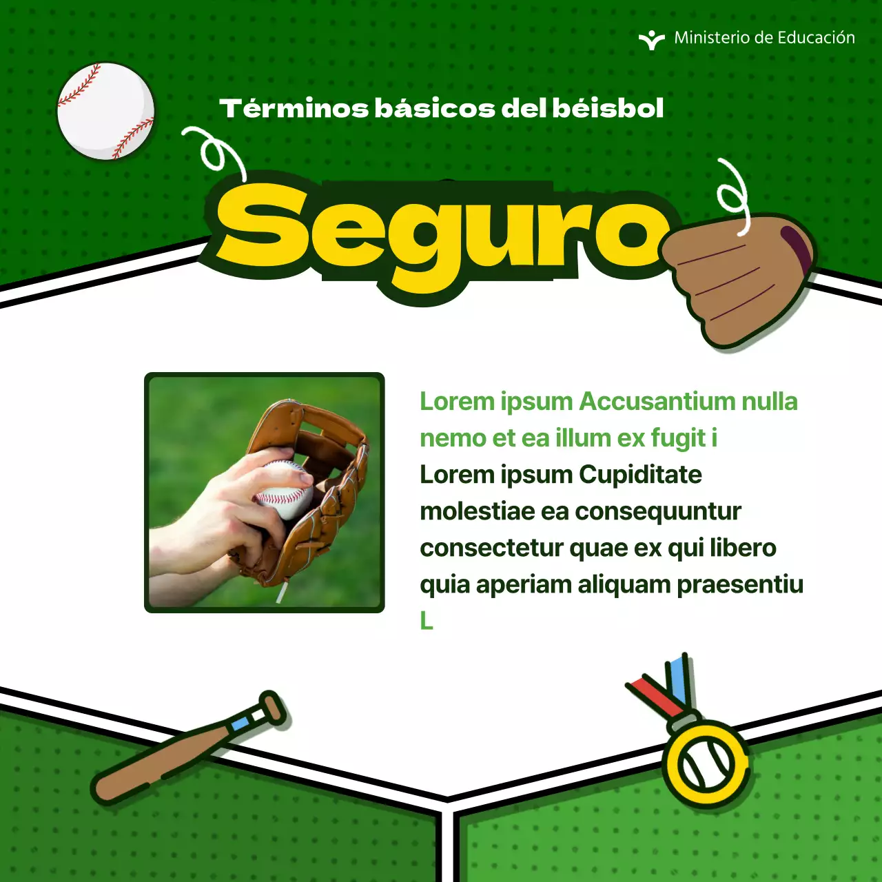 Información sobre bonitos términos de béisbol sobre fondo verde