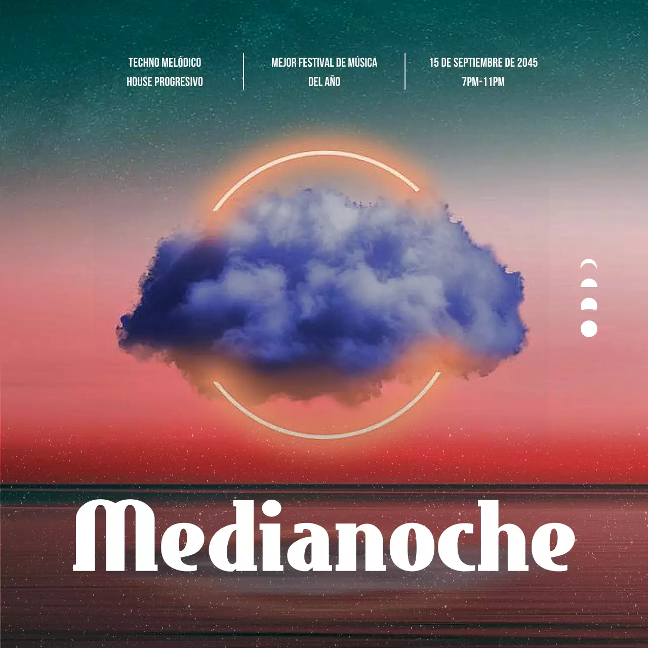 Anuncio de festival de música con fondo de cielo degradado en verde y naranja