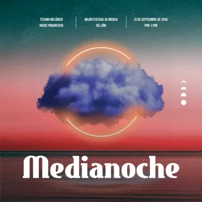 Anuncio de festival de música con fondo de cielo degradado en verde y naranja